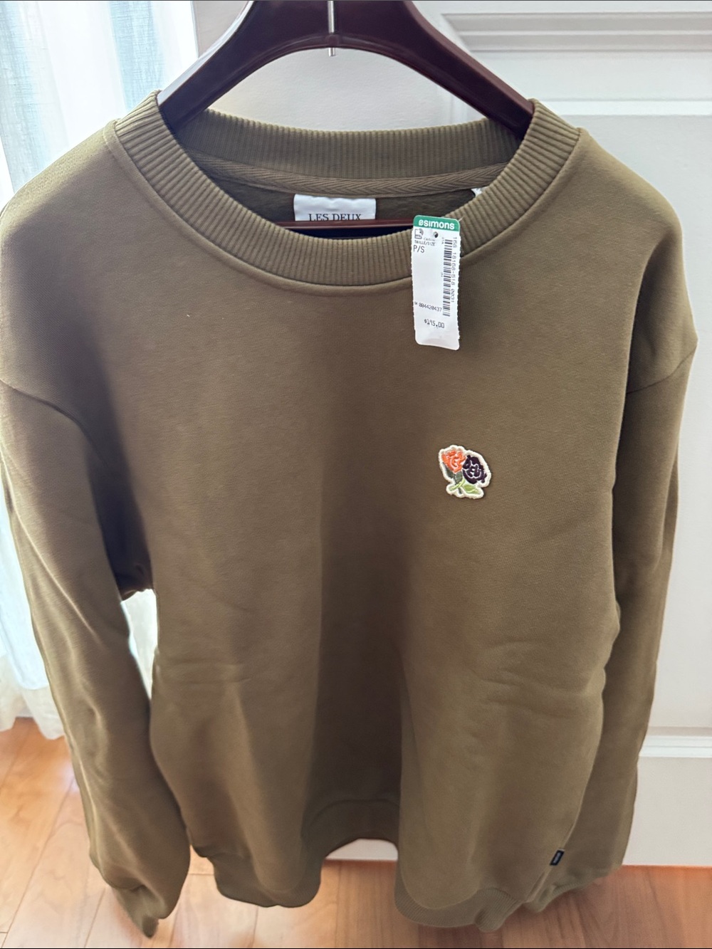 Olive Green Crewneck Sweater with Floral Patch